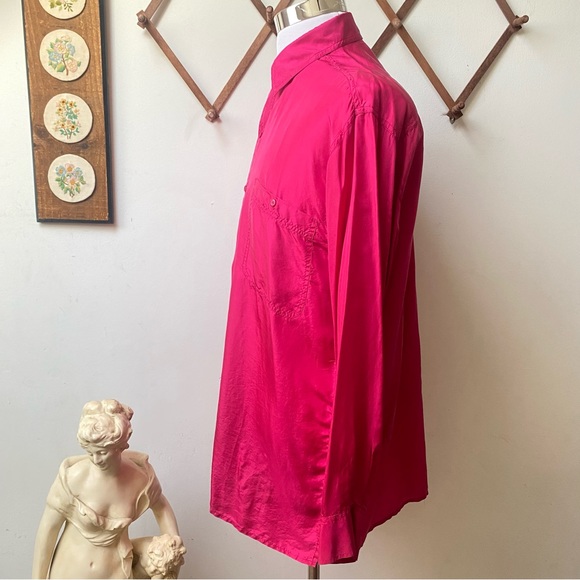 NWT 1980s Neon Pink Silk Two Pocket Button Up Shirt - Picture 6 of 14